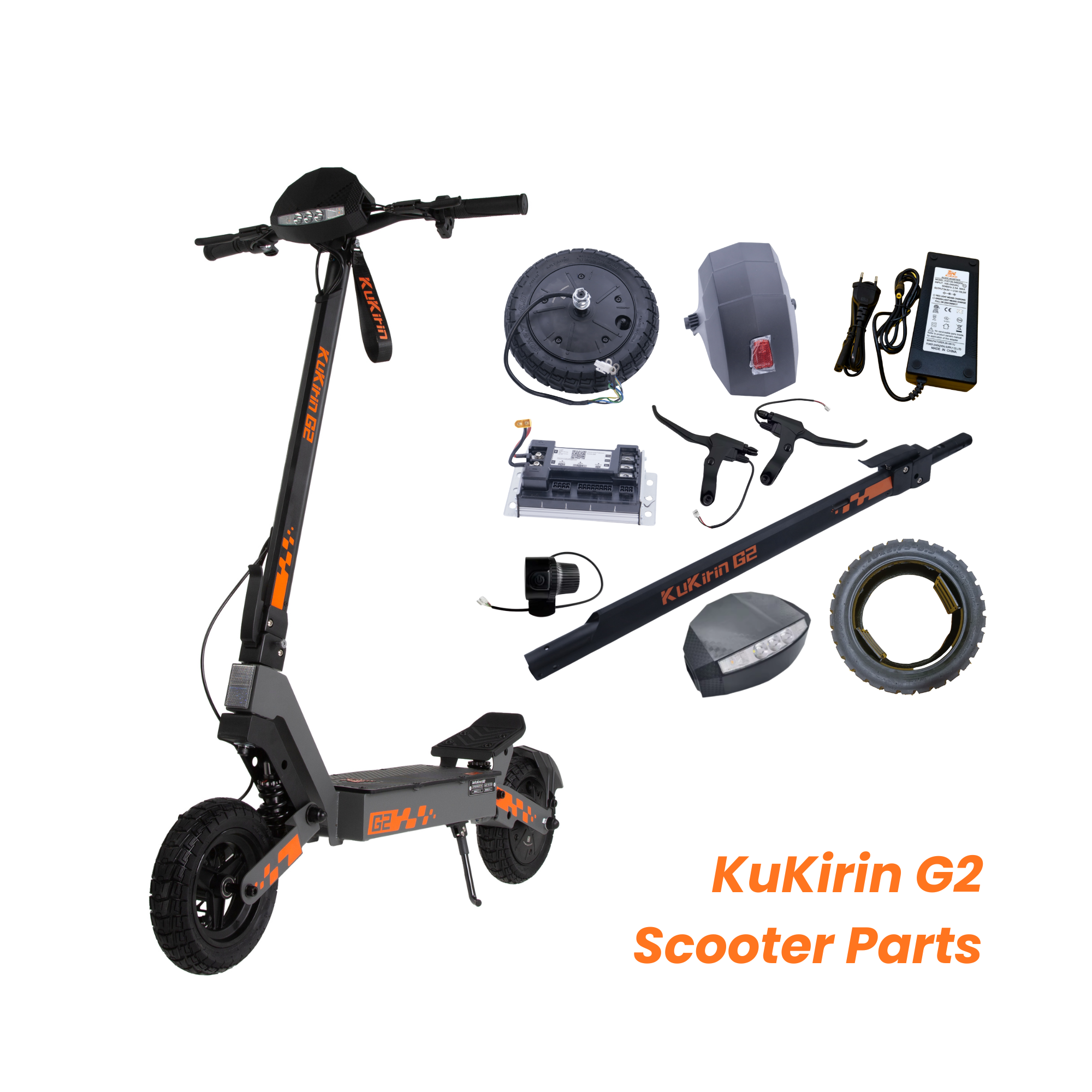 KuKirin G2 scooter parts displayed on a white background