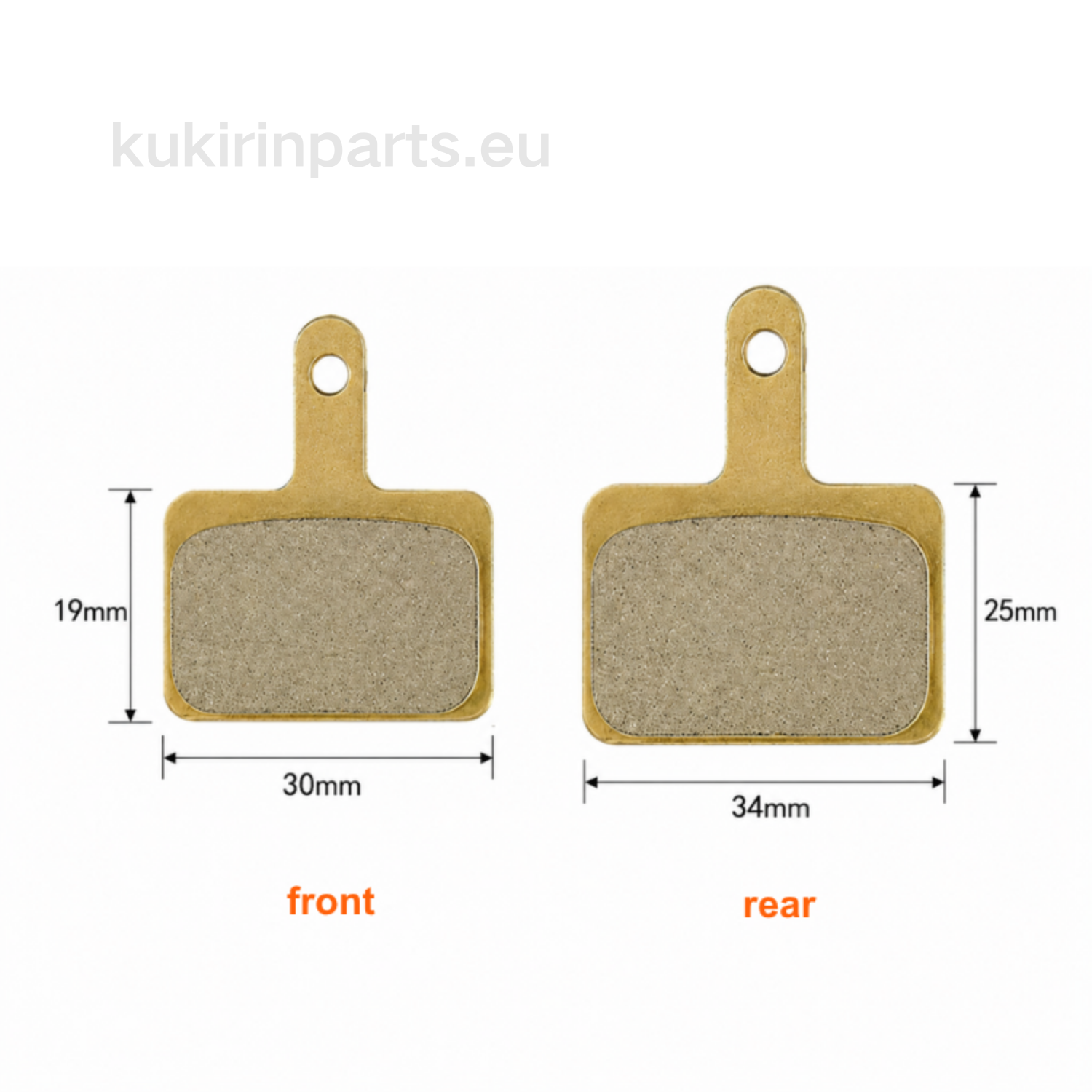 Front and rear bicycle brake pads with dimension markings showing 19mm, 30mm, 25mm, and 34mm measurements on a white background.