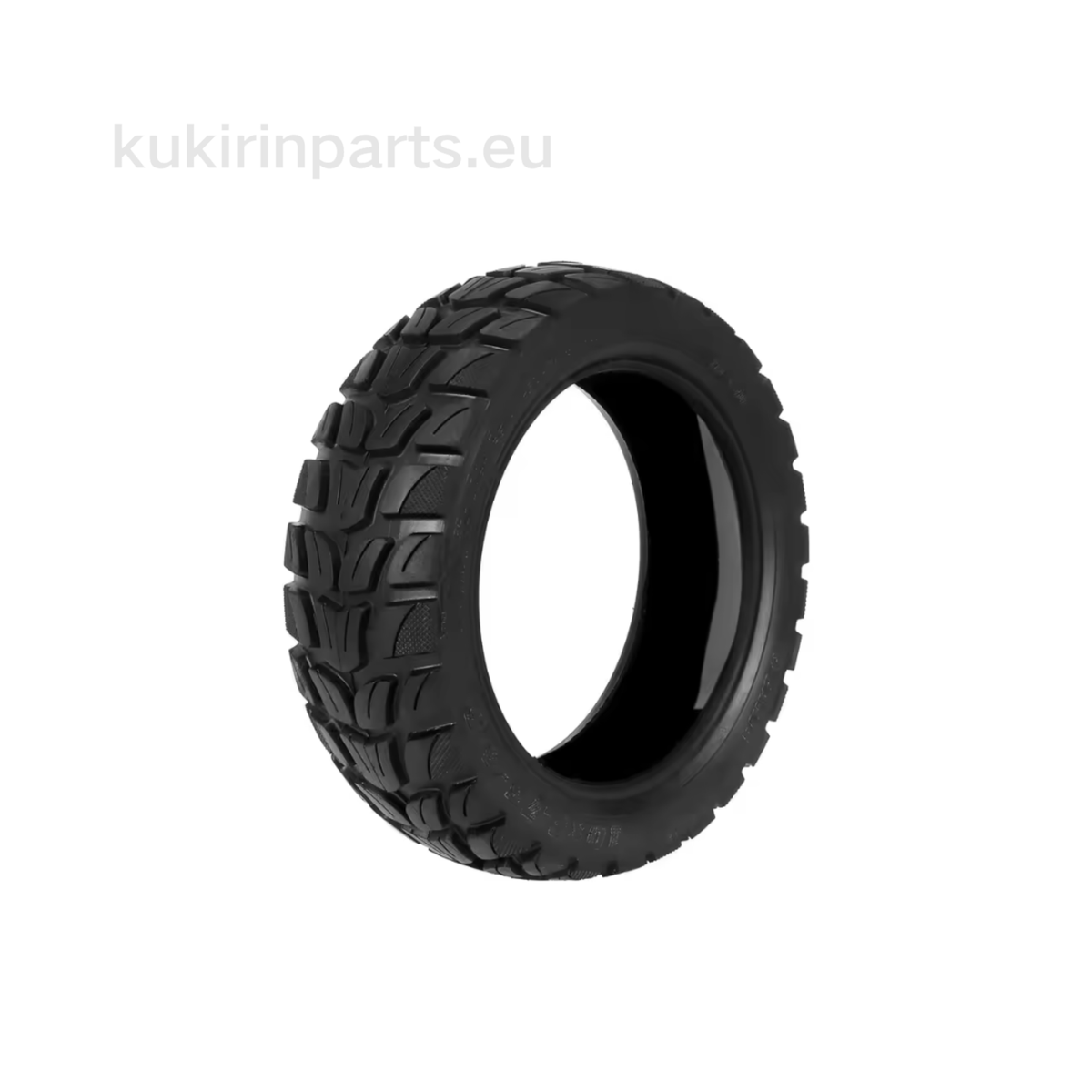 A black rubber off-road tire with deep tread blocks, shown at a three-quarter angle on a plain white background. A faint watermark 'kukirinparts.