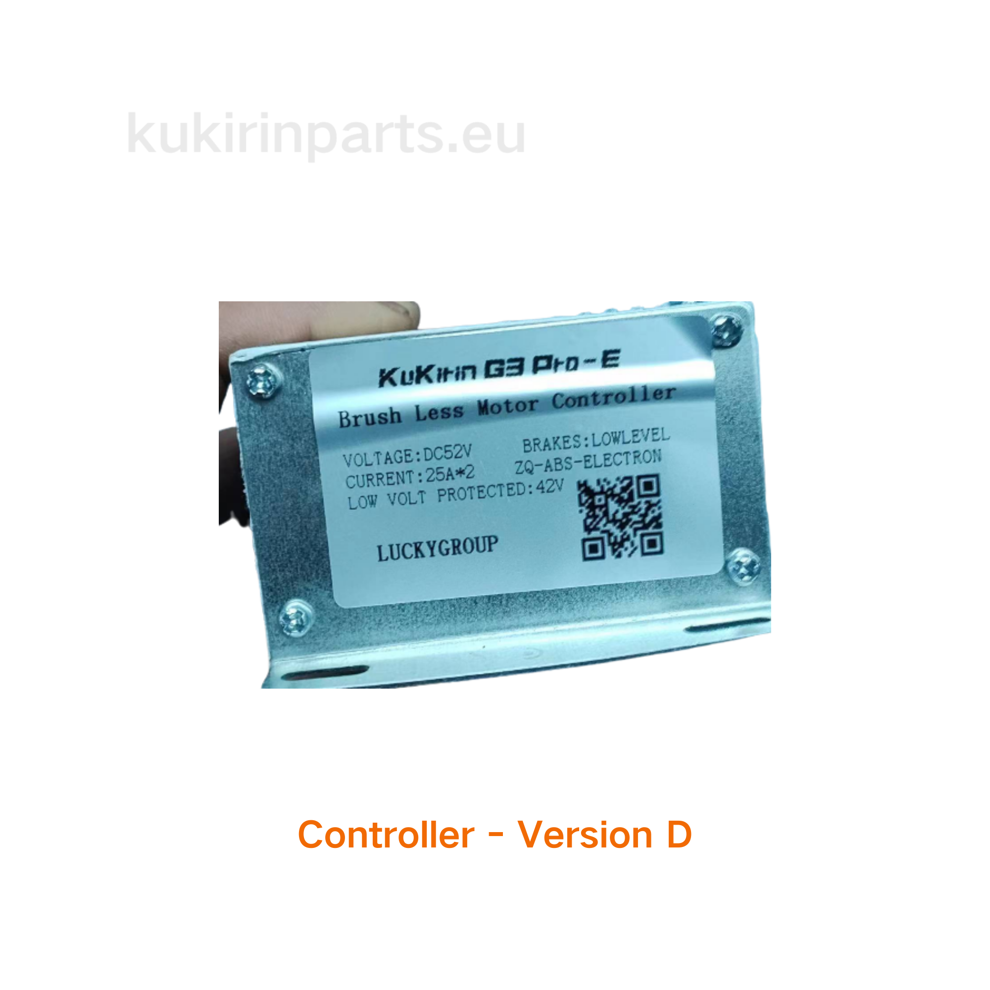 Brushless motor controller labeled 'Kukirin G3 Pro-E' held by a hand on a white background.