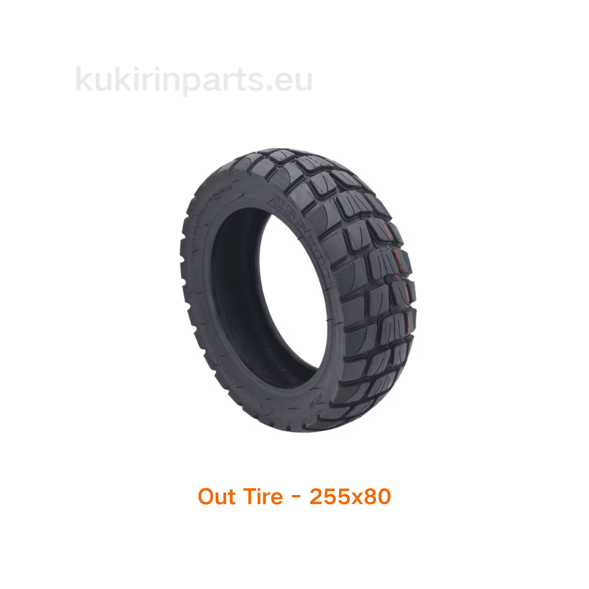 Black off-road tire with tread pattern on a white background, branded 'kukirinparts.eu'.