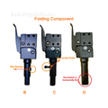 Three folding components with labeled features on a white background